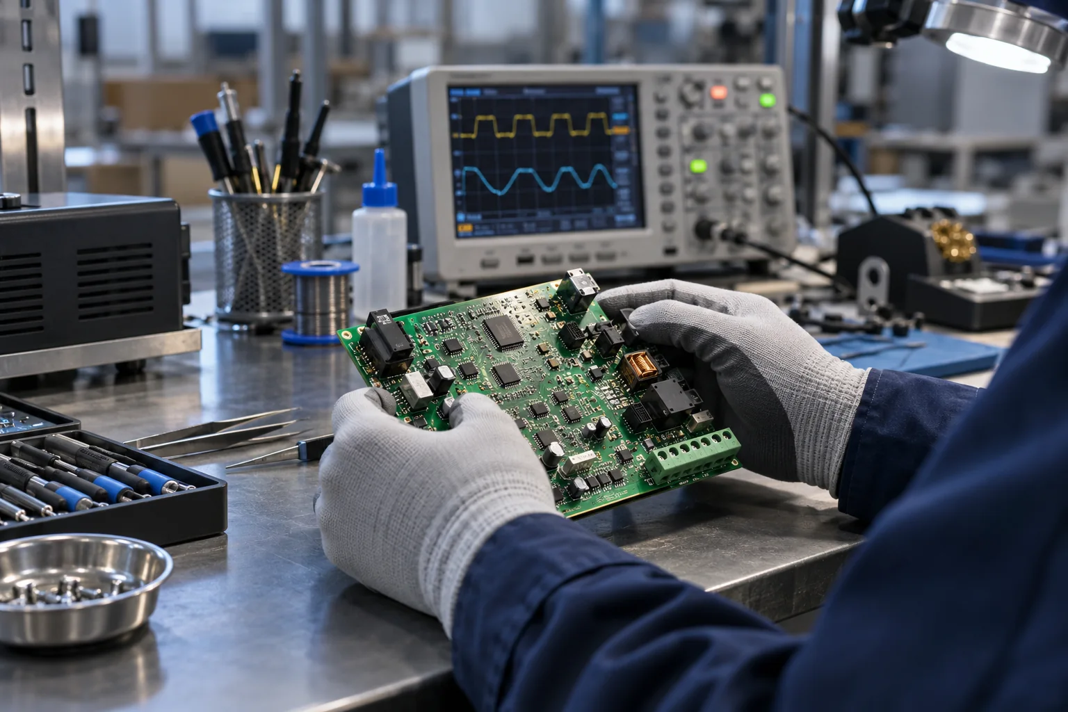 Imagem ilustrativa de uma bancada de assistência técnica com placa eletrônica industrial